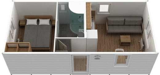 Mobilheim Super Arktik Economy – spálňa, obývačka s kuchyňou a kúpeľňou