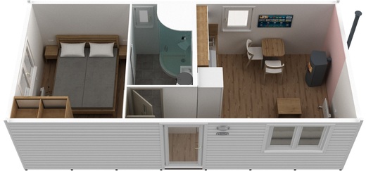 Interiér mobilného domu 8x4 m – Celkový pohľad