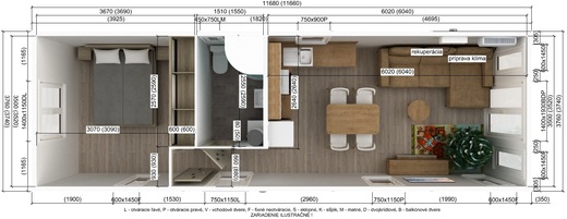 Pôdorys mobilného domu Super Arktik – dispozícia 2+kk